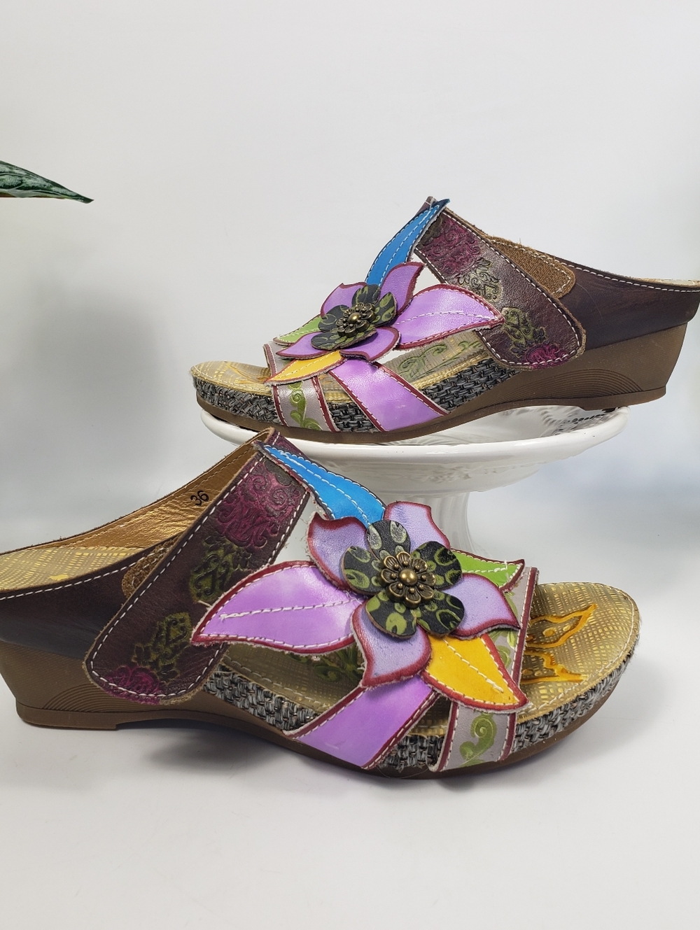 Socofy Colorful Floral Wedge Mule Sandals - Coastal Coquette Hippie Bohemian 6